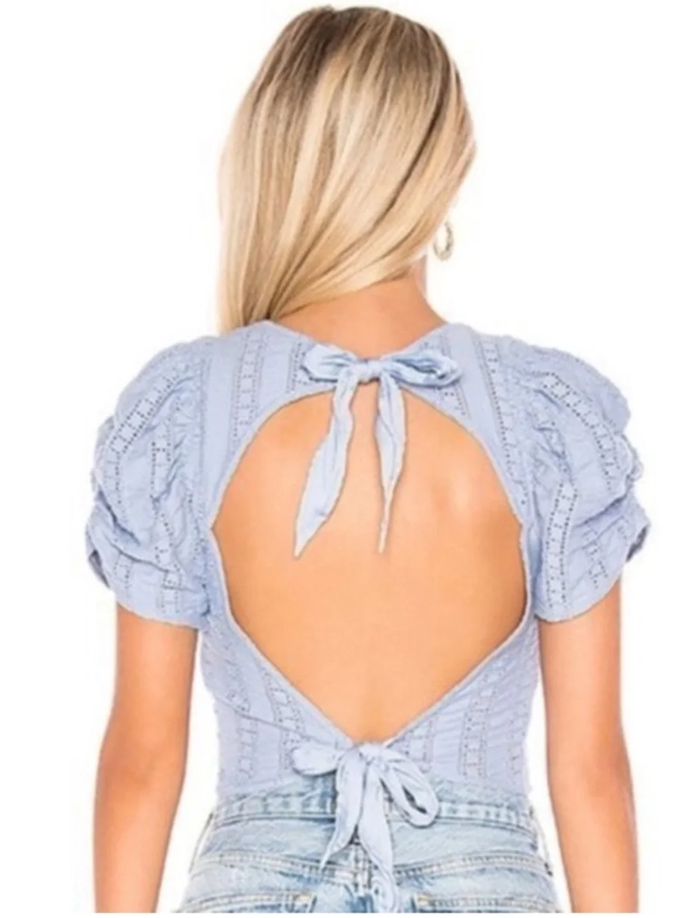 NEW Free People Star Struck Puff Sleeve Open Back Crop Top XS Coquette Blue Cute